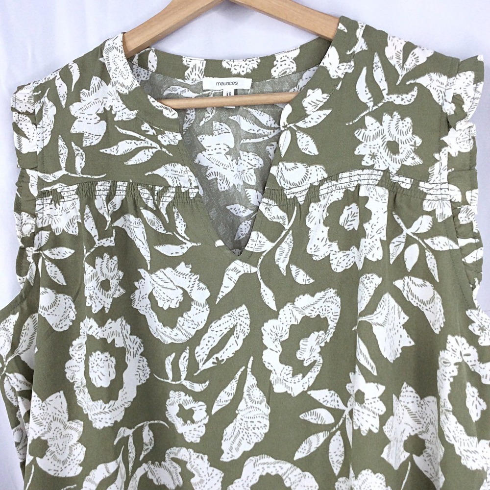 Maurices Floral Tank Top Women's Size XXL Green White Ruffle V-Neck - Picture 3 of 5